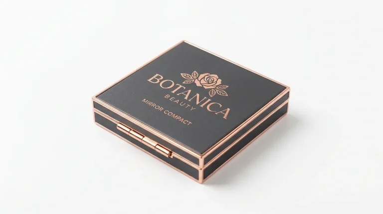 Custom compact case packaging with rose gold foil and floral print
