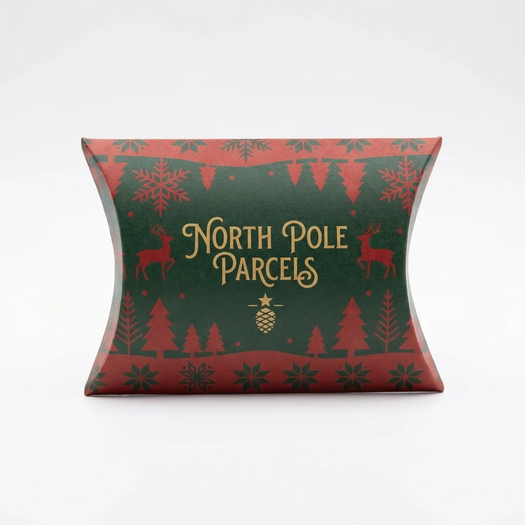 Christmas pillow box with festive print, front view