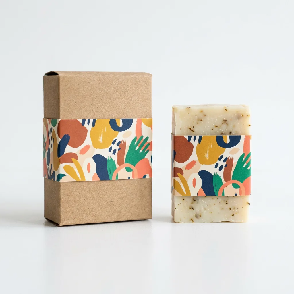 Custom belly band packaging sleeve wrapped around a kraft container and soap bar