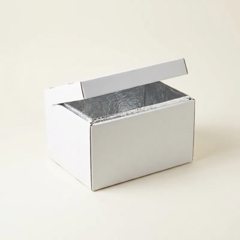 Custom cosmetic box, open, showing foil-lined interior