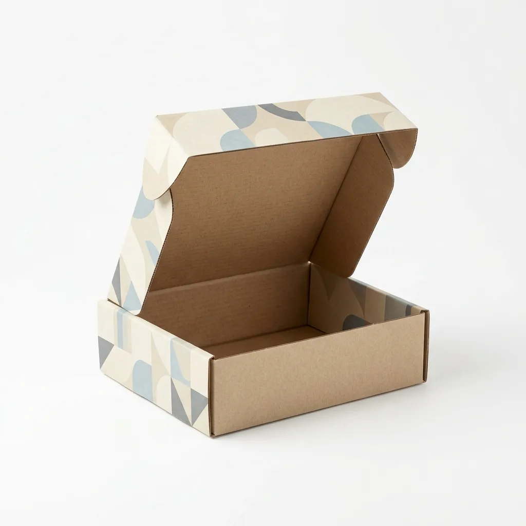 Open custom printed mailer box showing the kraft interior